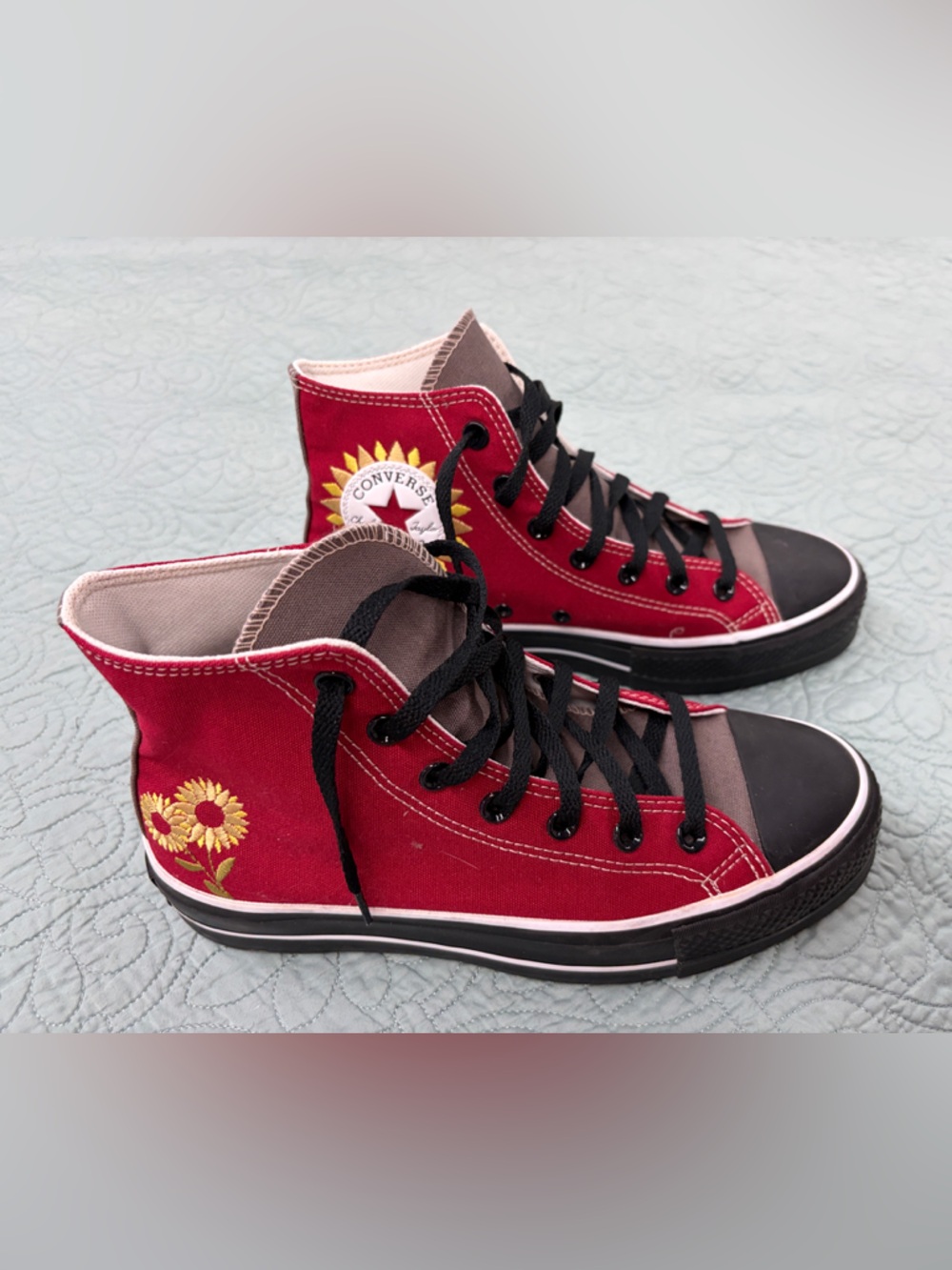 Custom Converse womens Red High-Top Sneakers with Sunflower Patch